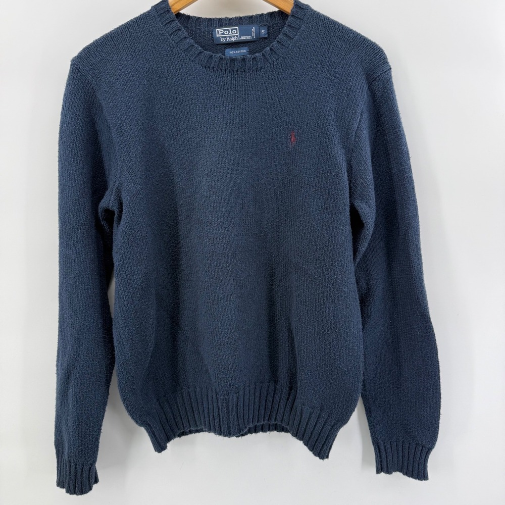 Polo Ralph Lauren Mens Vintage Navy Blue Cotton Crewneck Sweater Red Logo Size S